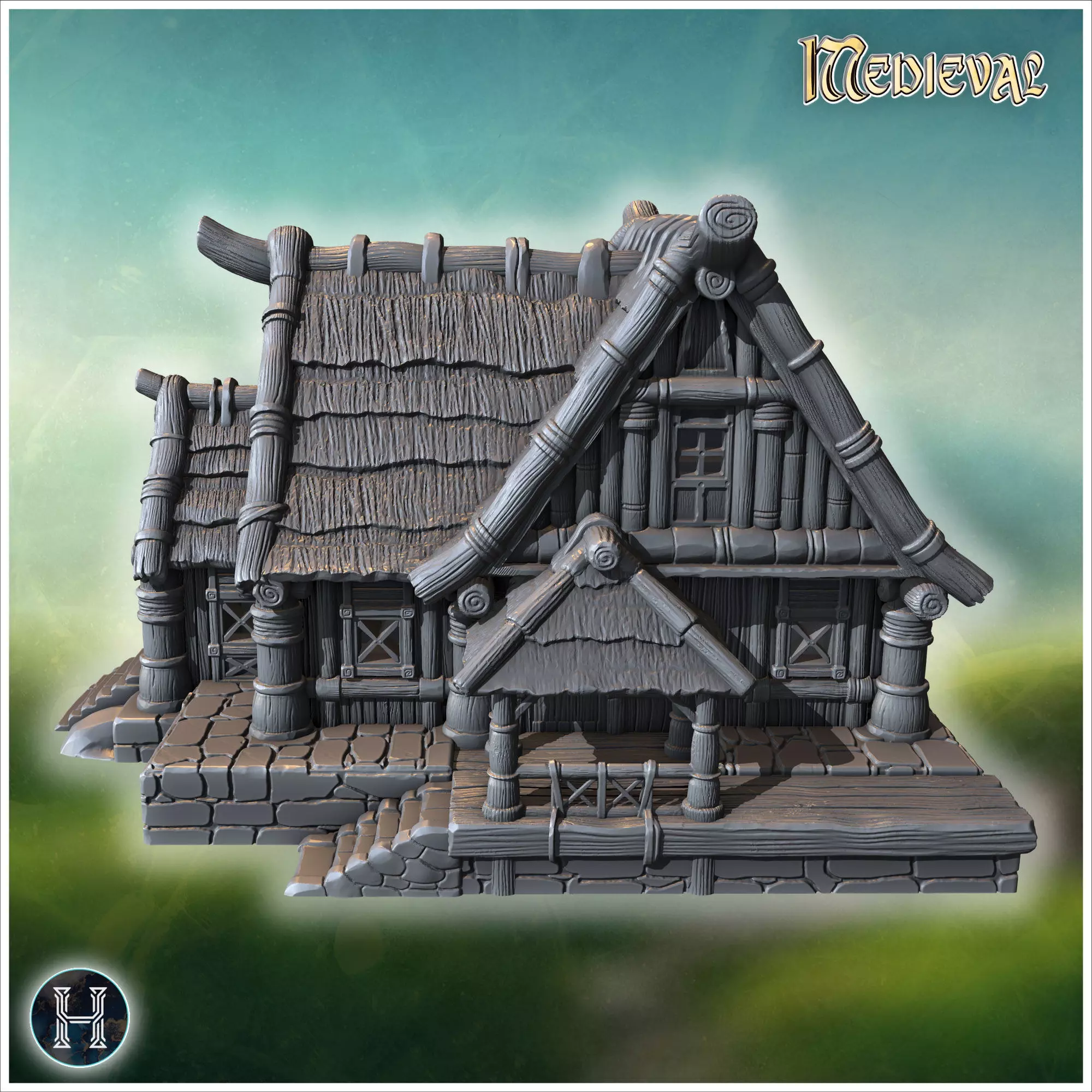 Rustic wooden house with overlapping roof shingles thick wooden 3D print model_8