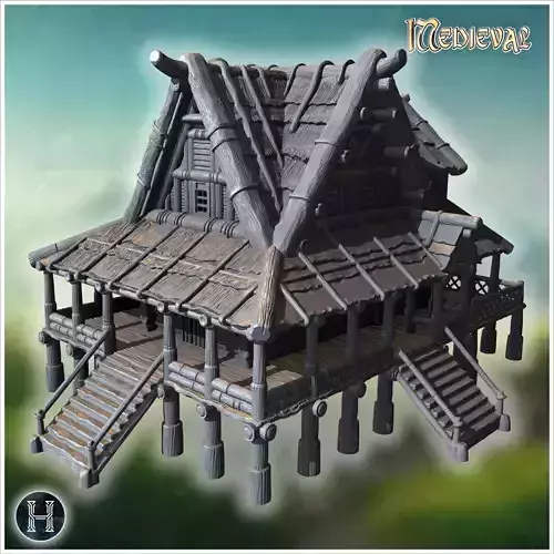 Elevated rustic wooden house with detailed porch steep stairs an