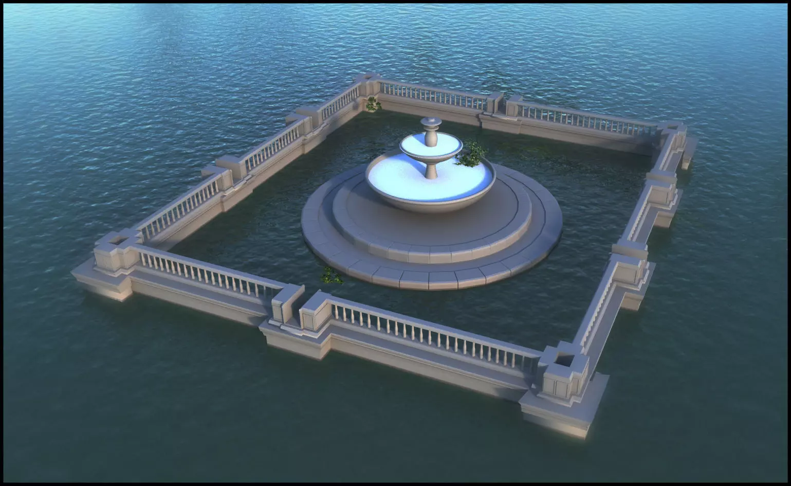 Fountain in middle of body of water 3D model_0