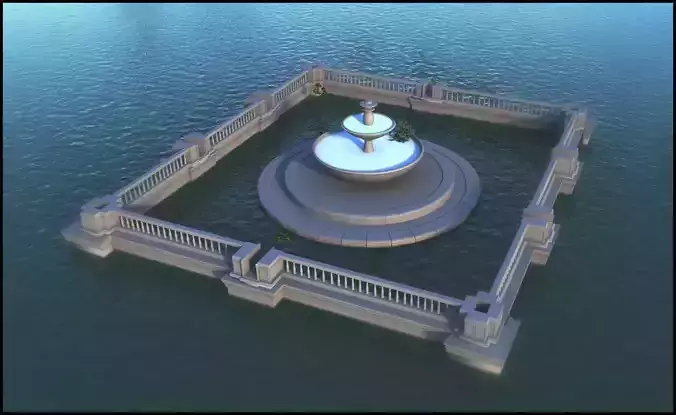 Fountain in middle of body of water 3D model