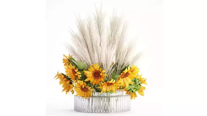 Beautiful bouquet yellow flowers sunflowers reed glass vase