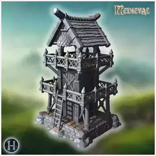 Tall wooden watchtower with fortified railings a ladder and that