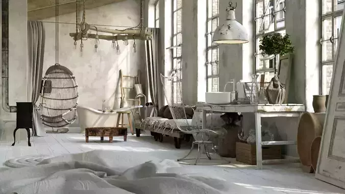 Modern Cream French Living Room with Laundry Corner3D model 