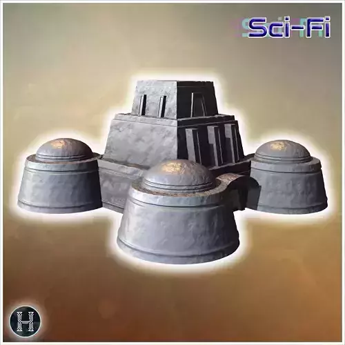 Sci-Fi fortress with four large domes central entrance and reinf 3D print model
