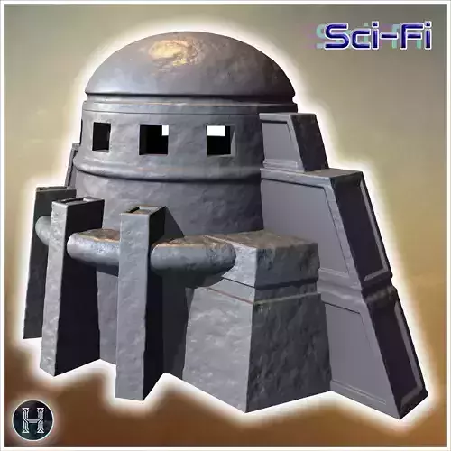 Round-domed watchtower with angular supports narrow windows and 