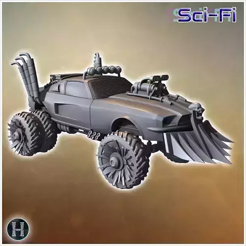 Heavily modified car with spiked wheels exhaust pipes and a skul