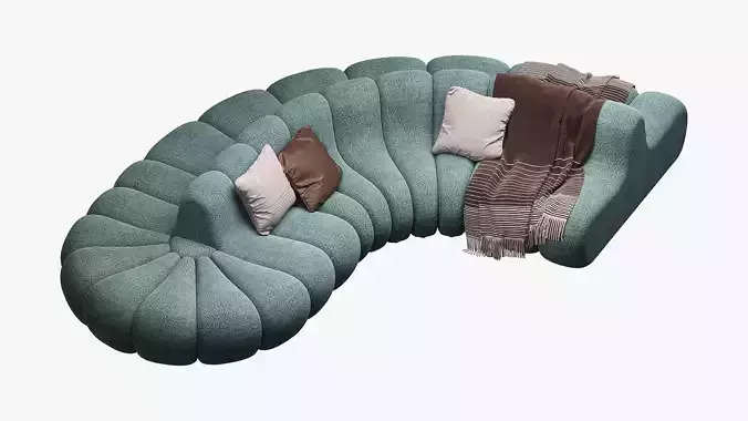 Curved cyan modular sofa with three pillows