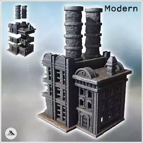 Destroyed modern factory with double chimneys and two storeys 3 