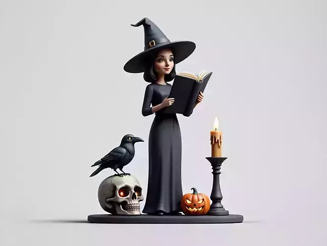 2505 Halloween Witch with Spell book Skull Raven and Pumpkin
