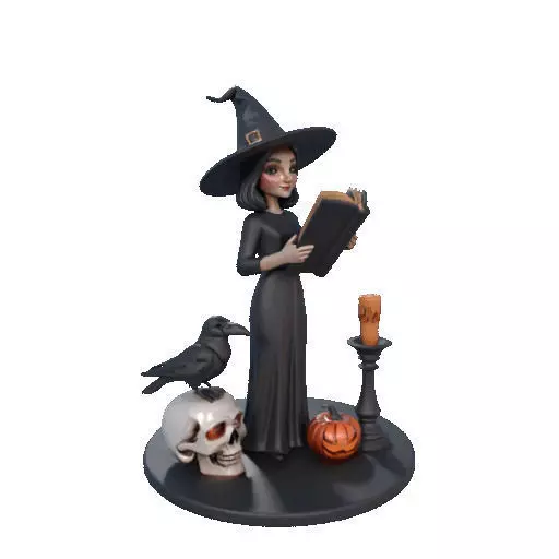 2505 Halloween Witch with Spell book Skull Raven and Pumpkin 3D print model_9