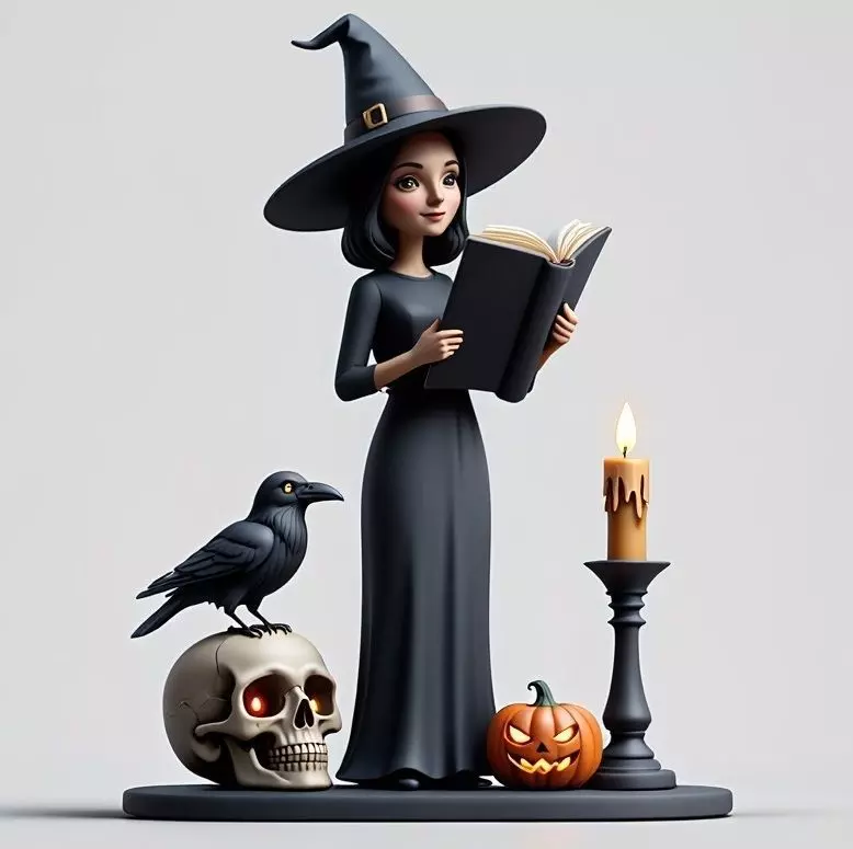 2505 Halloween Witch with Spell book Skull Raven and Pumpkin 3D print model_7
