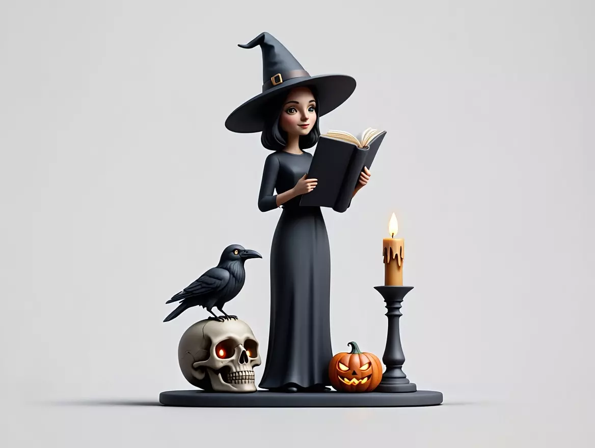 2505 Halloween Witch with Spell book Skull Raven and Pumpkin 3D print model_3