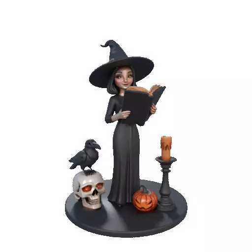 2505 Halloween Witch with Spell book Skull Raven and Pumpkin 3D print model_37