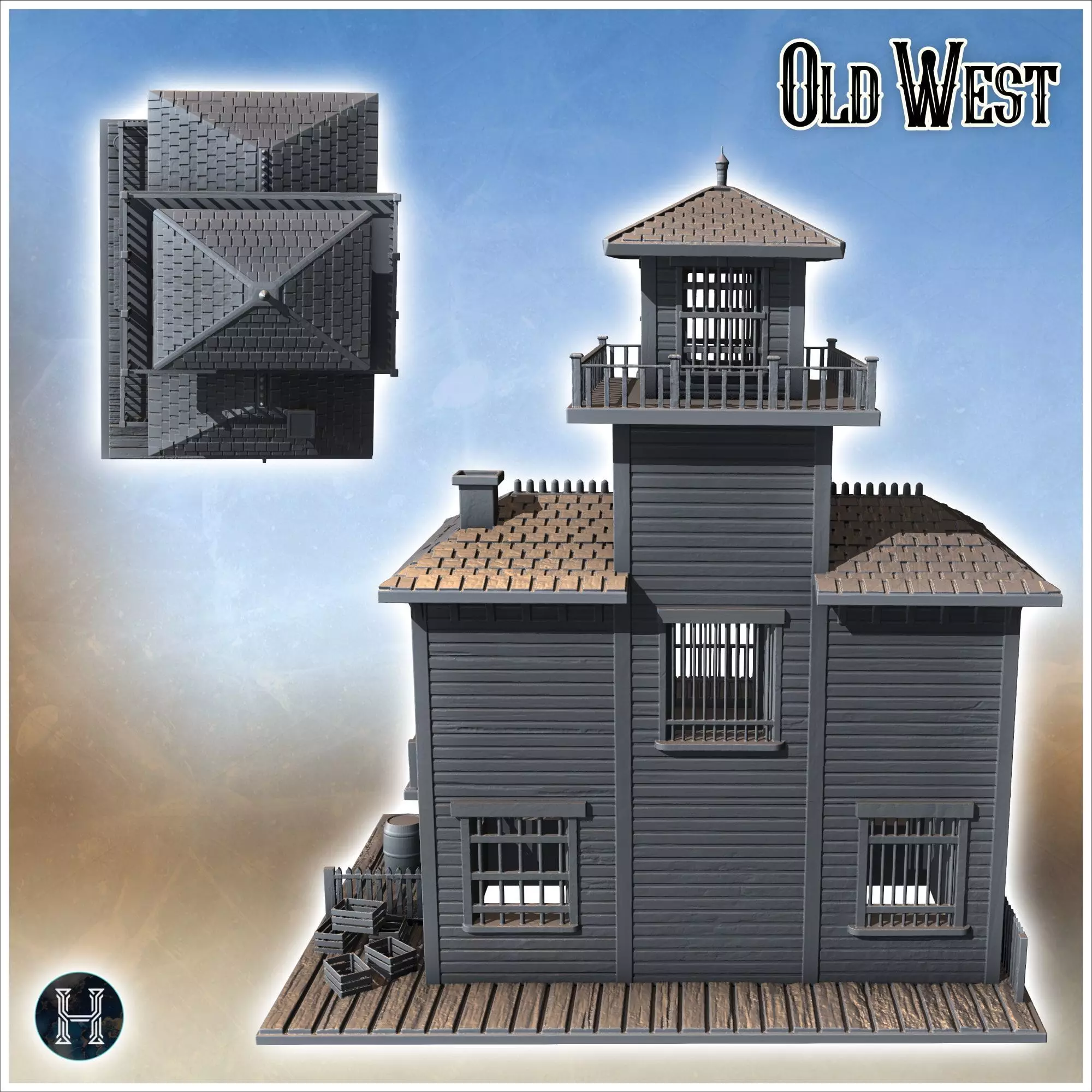Western saloon with awning entrance tiered balcony tile roof and 3D print model_3