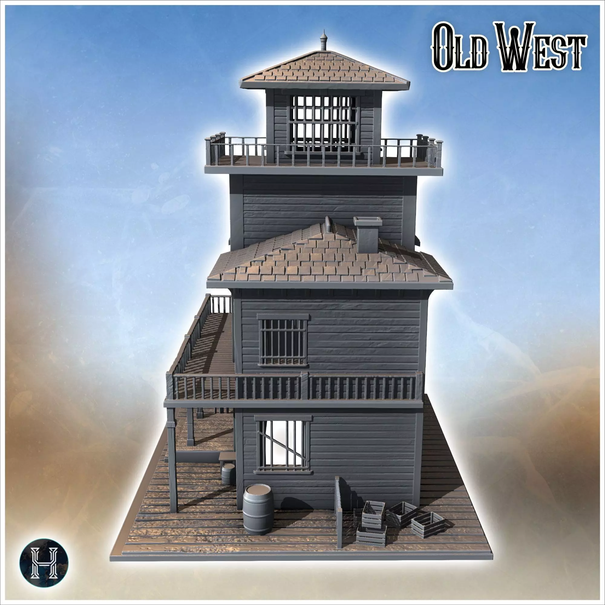 Western saloon with awning entrance tiered balcony tile roof and 3D print model_4