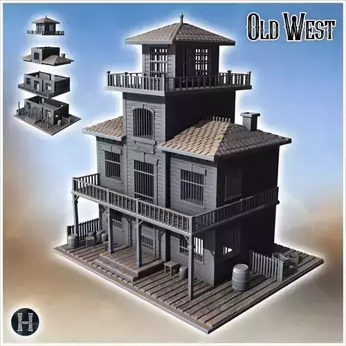 Western saloon with awning entrance tiered balcony tile roof and