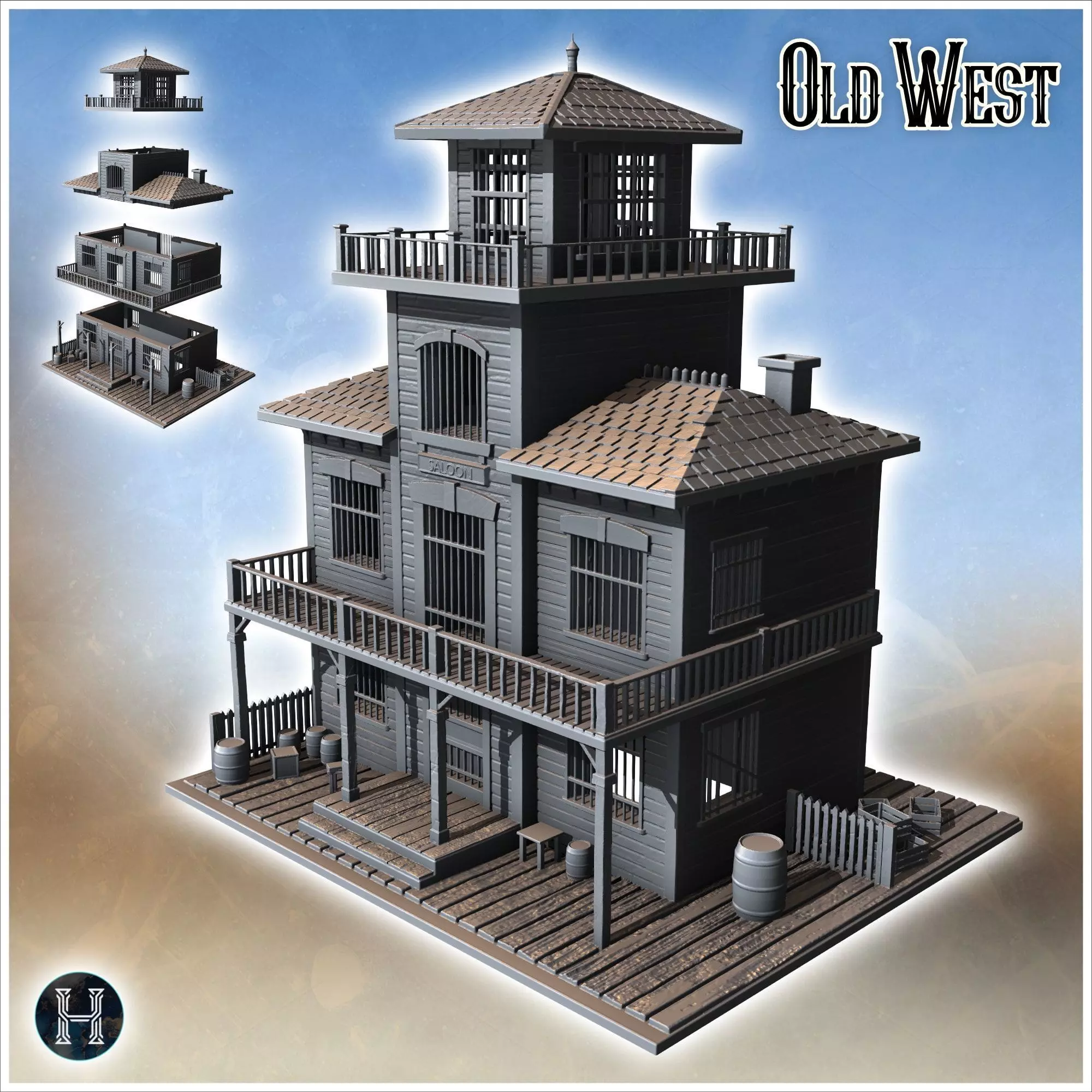 Western saloon with awning entrance tiered balcony tile roof and 3D print model_0