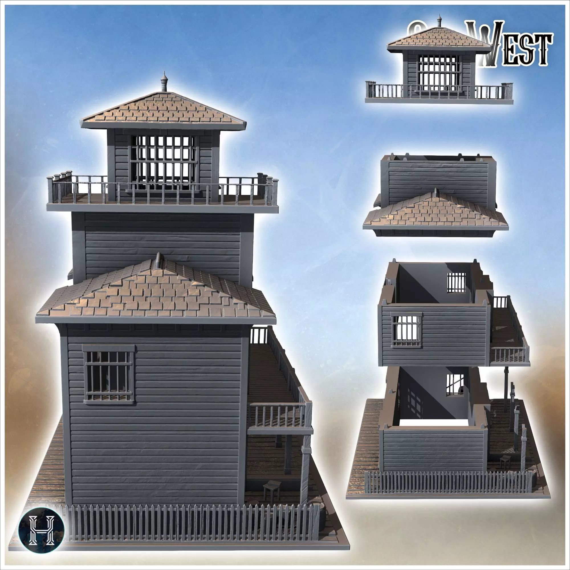 Western saloon with awning entrance tiered balcony tile roof and 3D print model_1