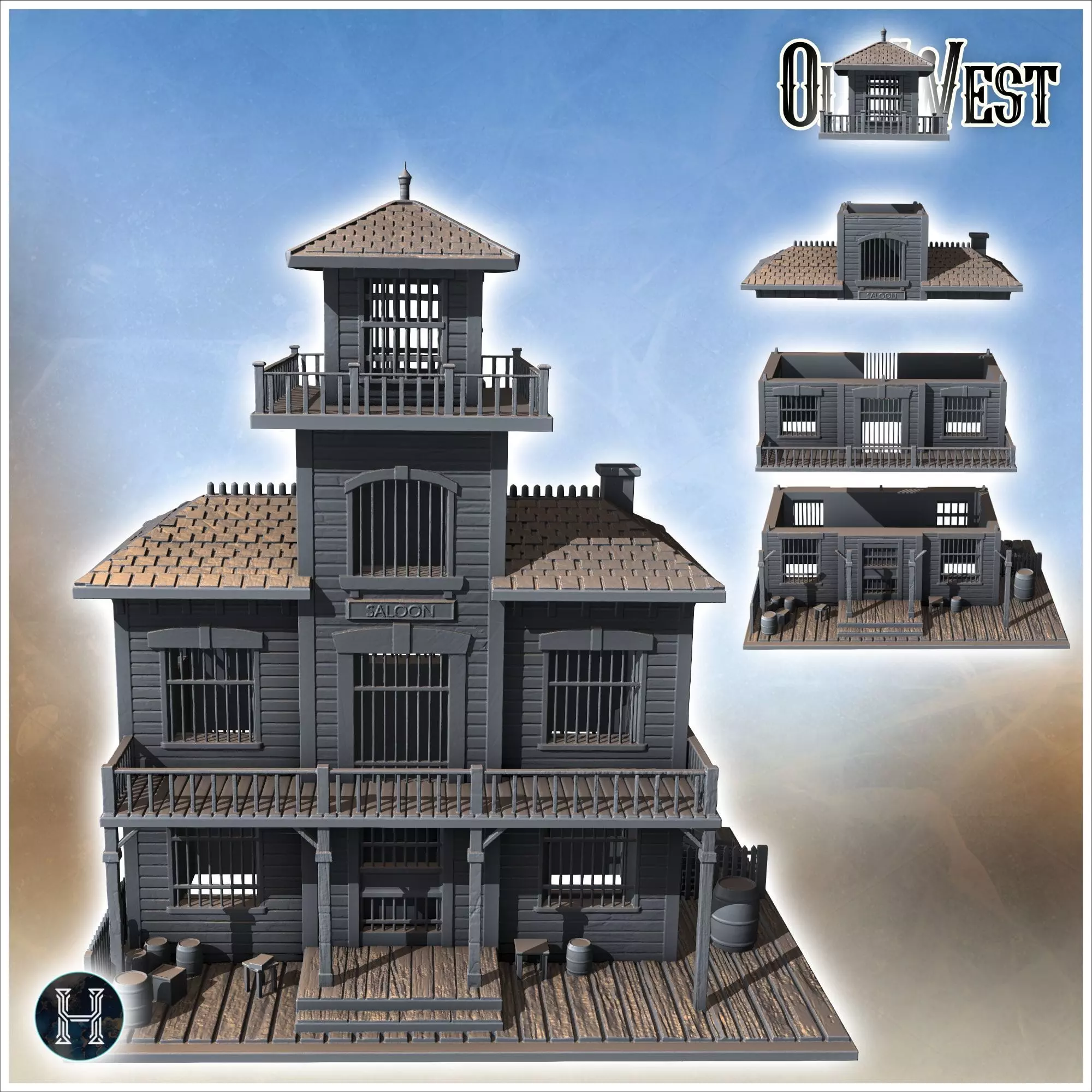 Western saloon with awning entrance tiered balcony tile roof and 3D print model_2