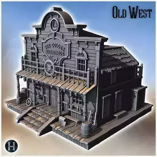 Old Western-style saloon with two-story porch large balcony and 