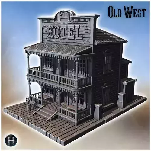 Three-story wooden hotel with balconies intricate wooden columns