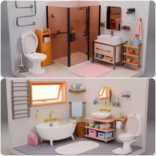 Stylized Bathroom Pack  2 Cozy Isometric Interiors