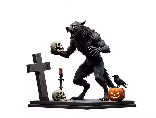 2506  Werewolf Howling with Skull  Gothic 3D Model