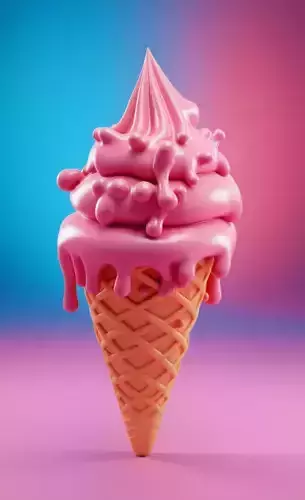 Surreal Pink Ice Cream Melting Scoops Waffle Cone 3D