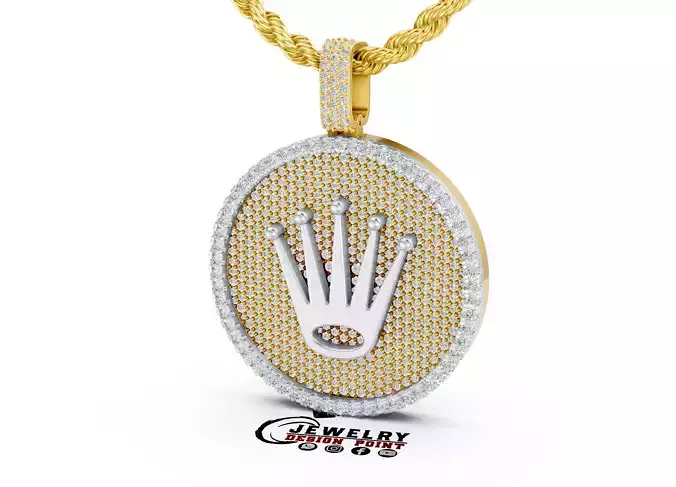 Custom Rolex Crown Round Diamod Pendnat - Rolex Necklace  3D print model