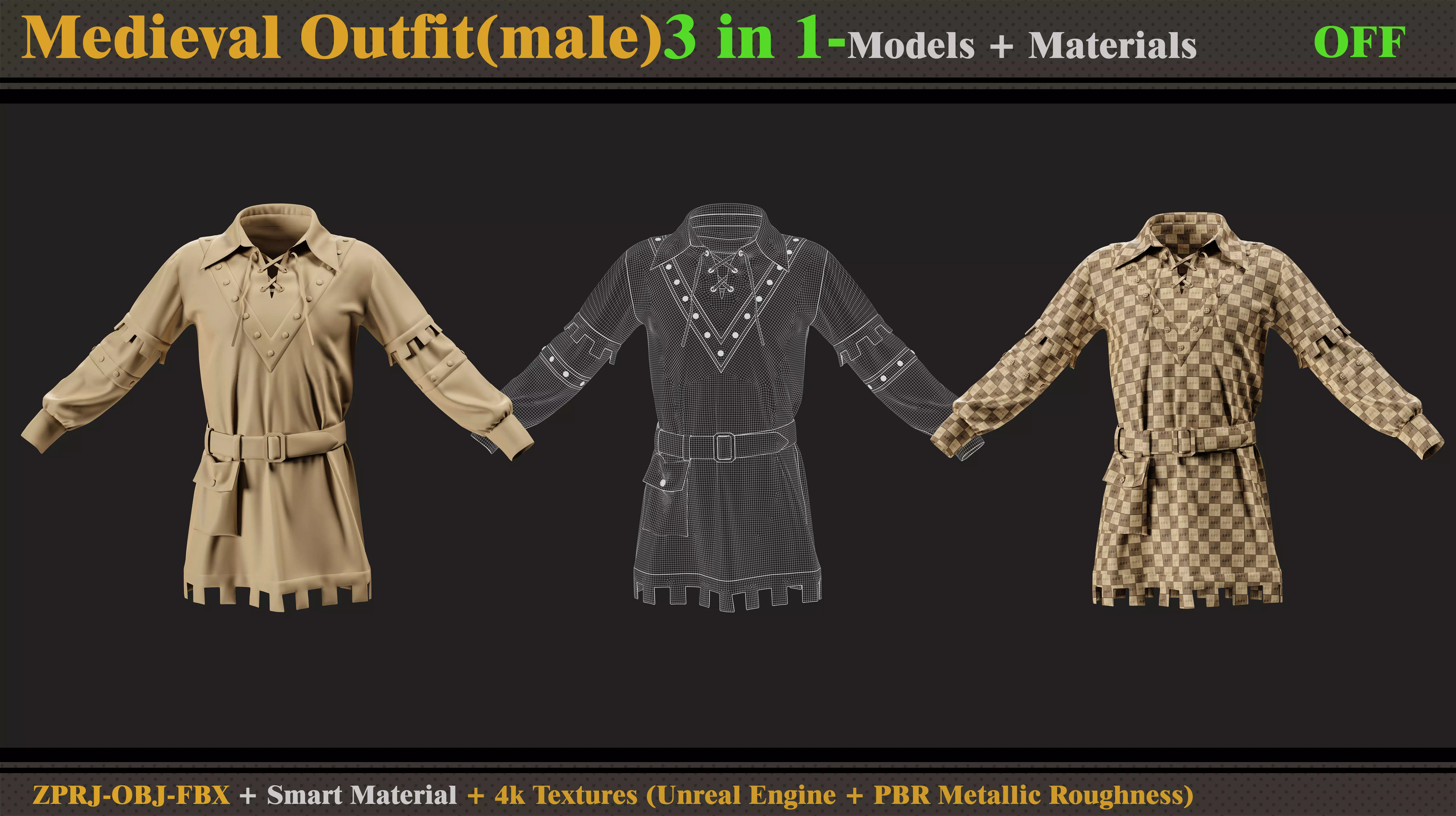 3 in 1 Medieval Outfit-MD-Clo3d-OBJ-FBX -Material -Textures 3D model_9