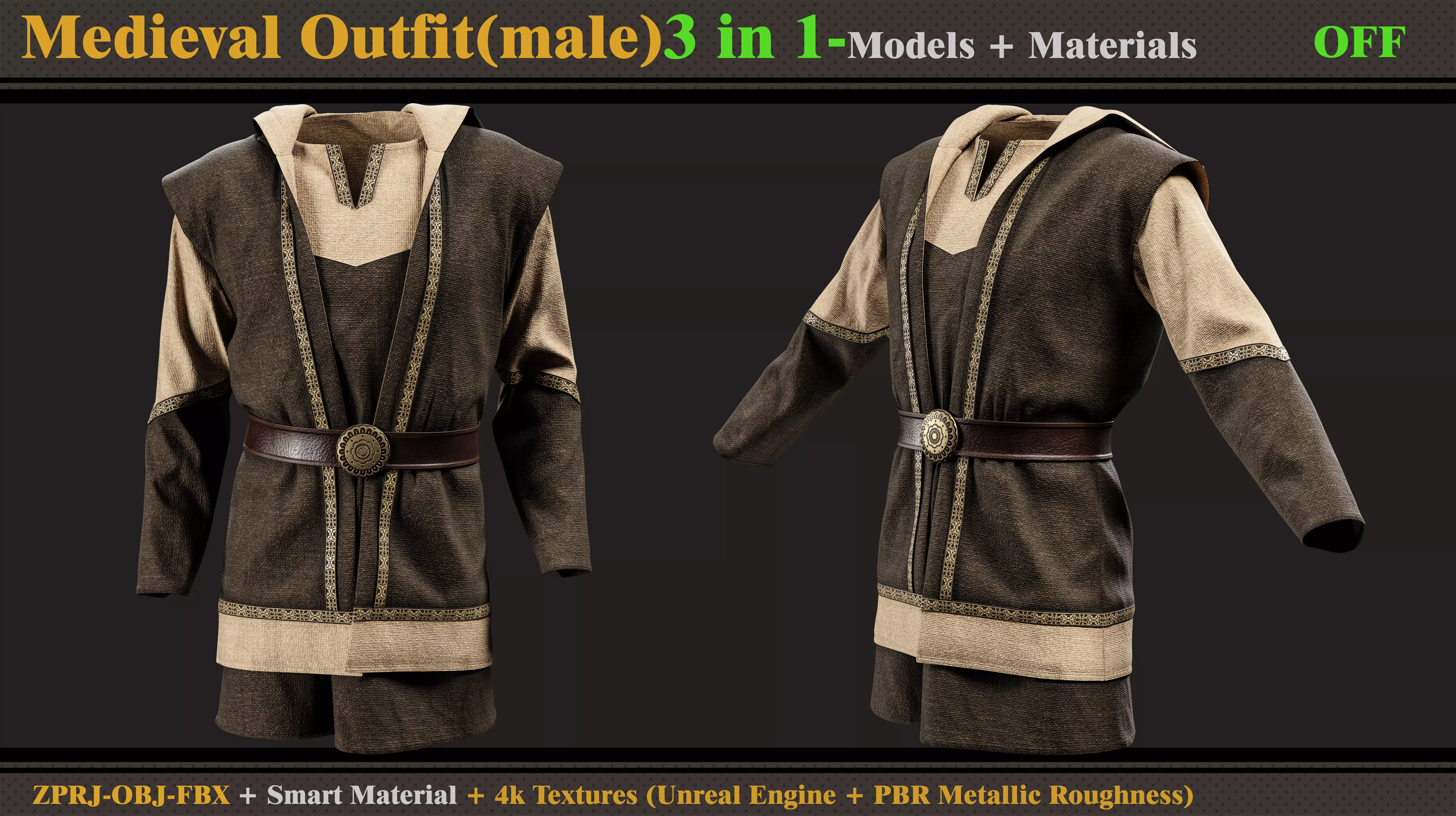 3 in 1 Medieval Outfit-MD-Clo3d-OBJ-FBX -Material -Textures 3D model_5