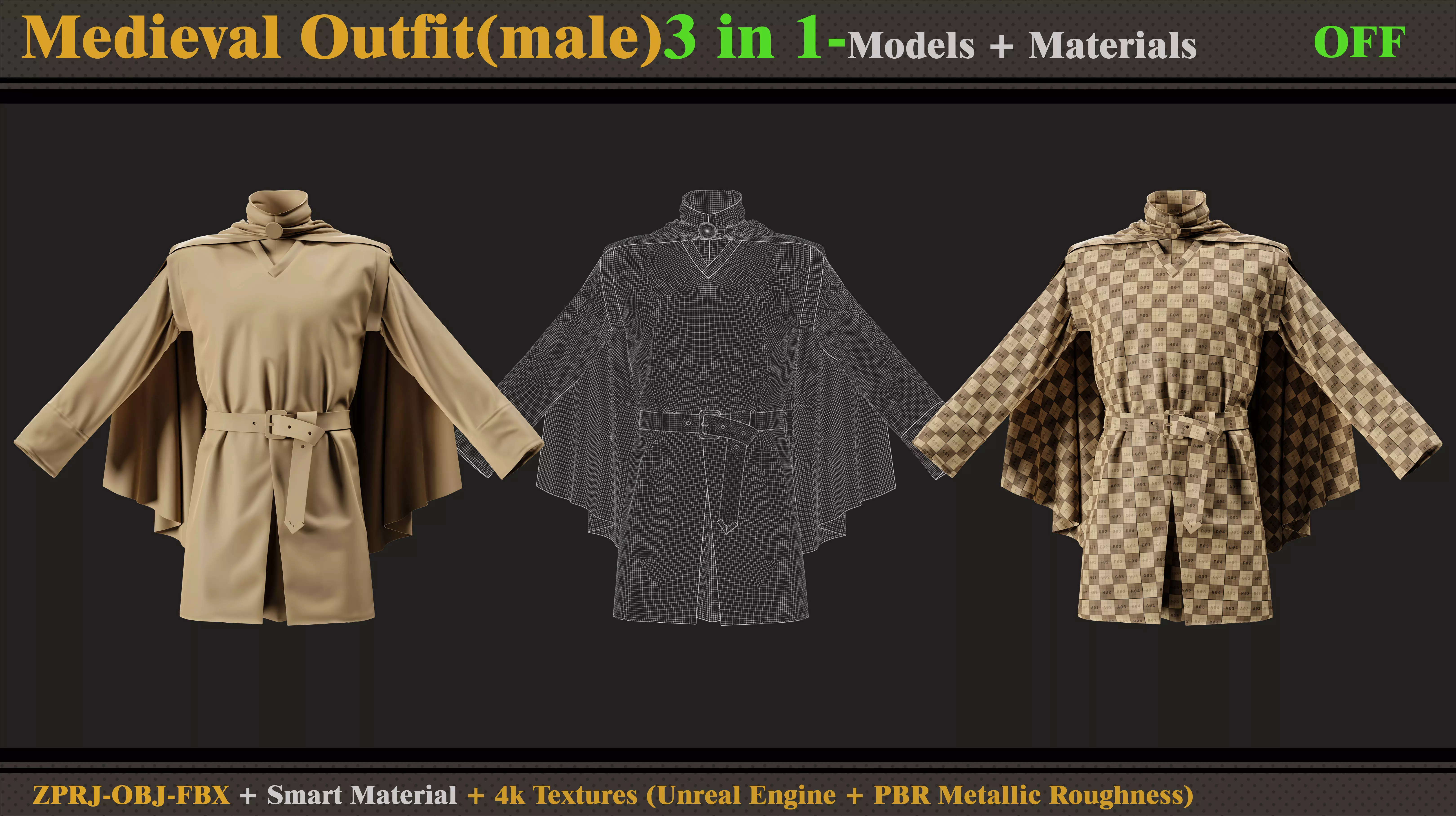 3 in 1 Medieval Outfit-MD-Clo3d-OBJ-FBX -Material -Textures 3D model_1