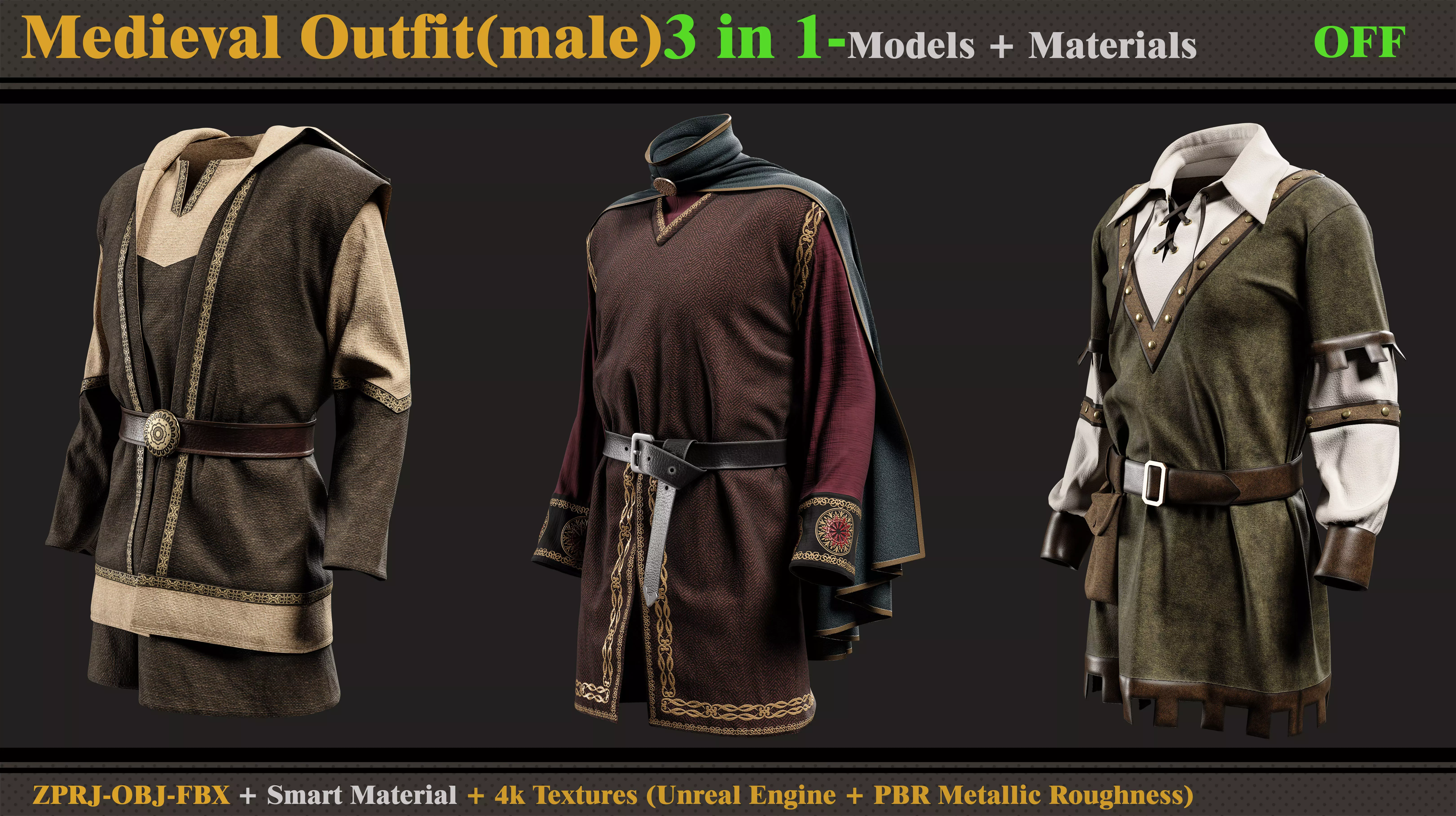 3 in 1 Medieval Outfit-MD-Clo3d-OBJ-FBX -Material -Textures 3D model_0