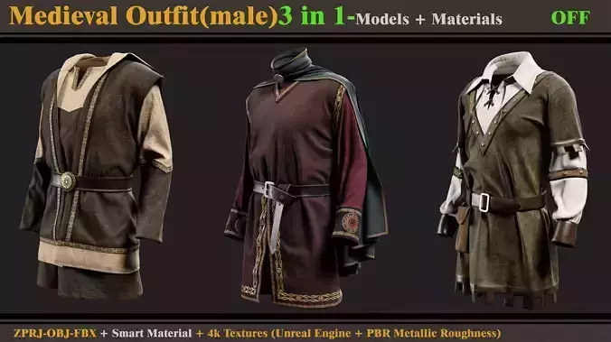 3 in 1 Medieval Outfit-MD-Clo3d-OBJ-FBX -Material -Textures