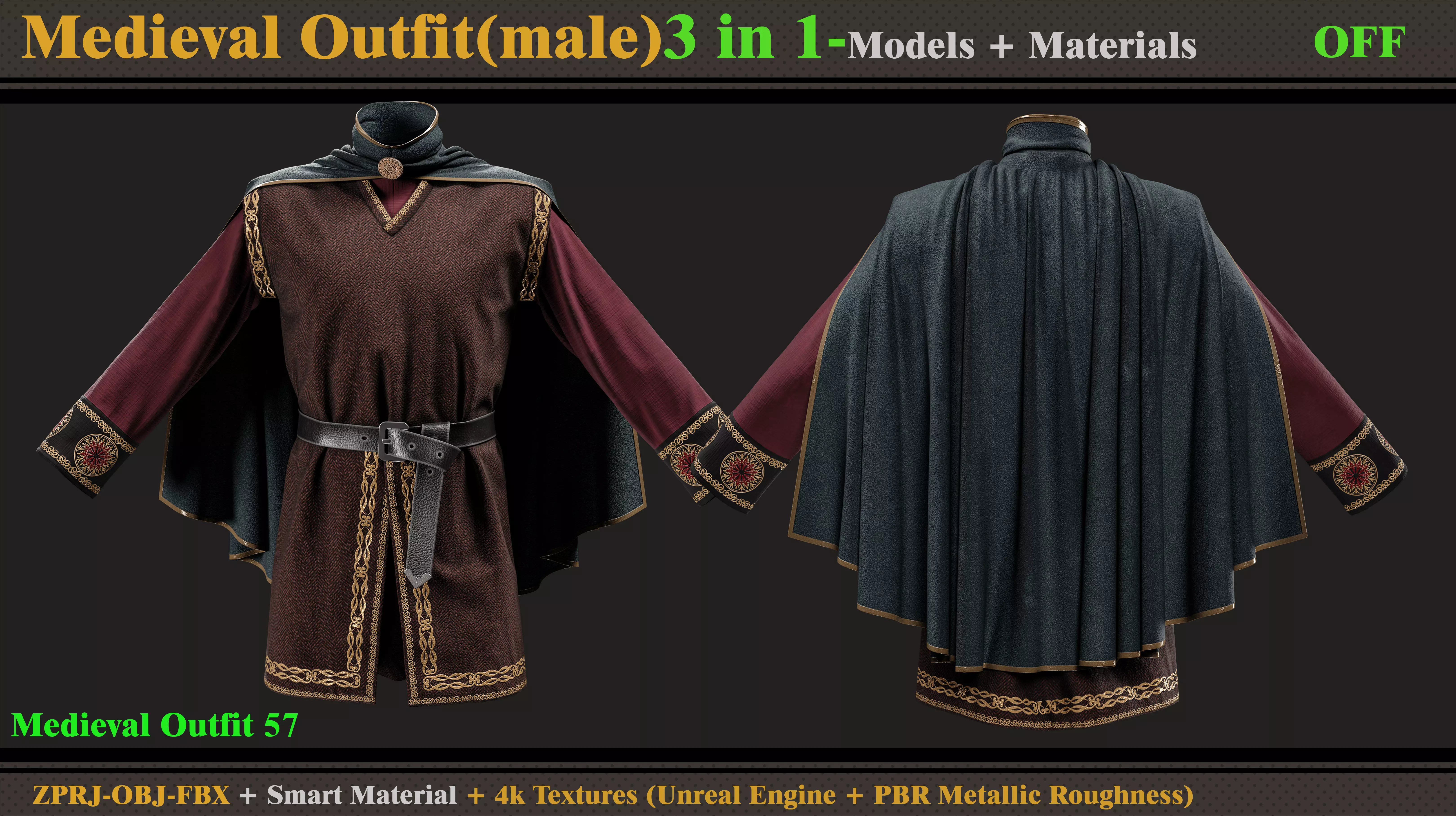 3 in 1 Medieval Outfit-MD-Clo3d-OBJ-FBX -Material -Textures 3D model_4