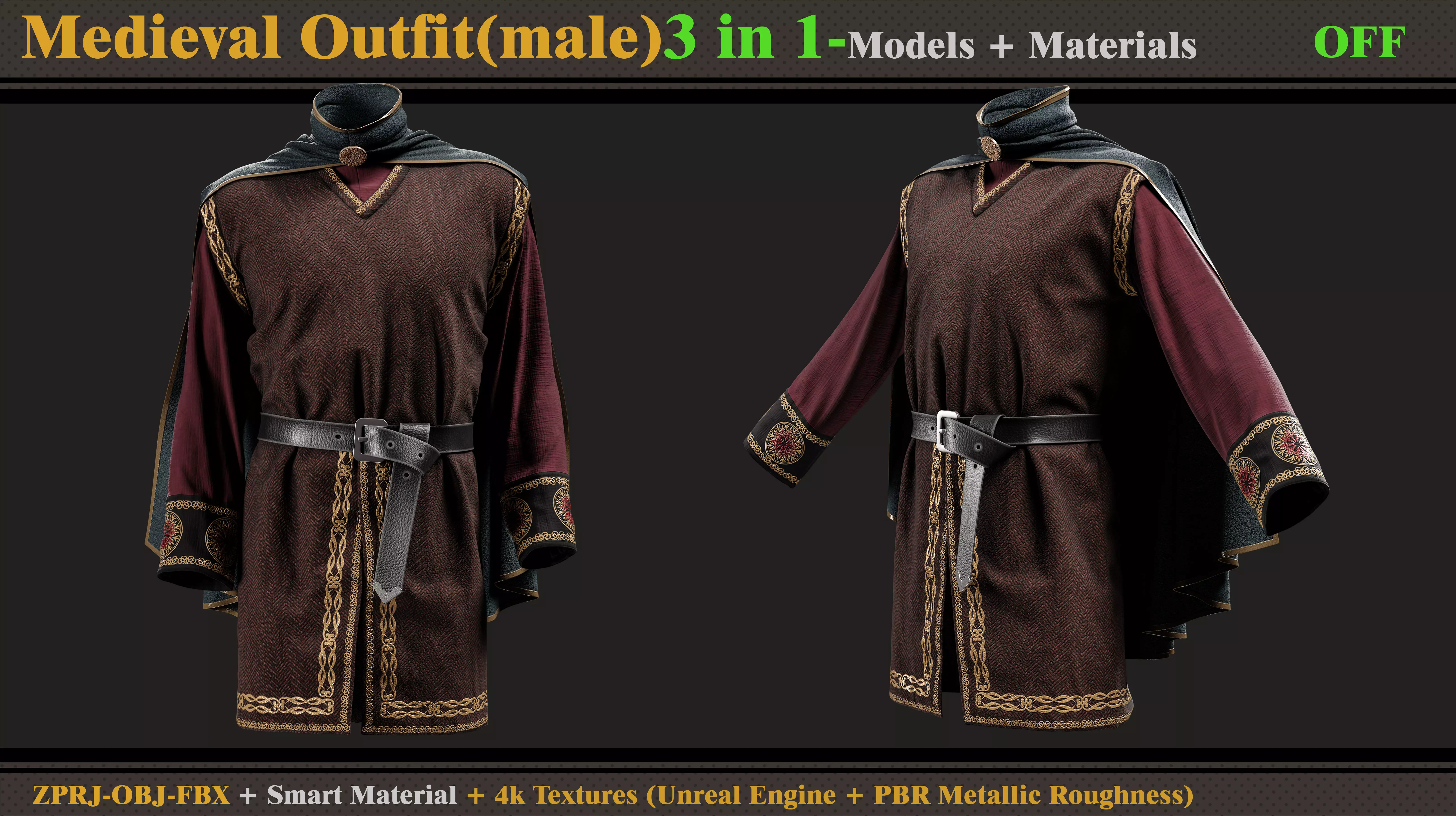 3 in 1 Medieval Outfit-MD-Clo3d-OBJ-FBX -Material -Textures 3D model_6