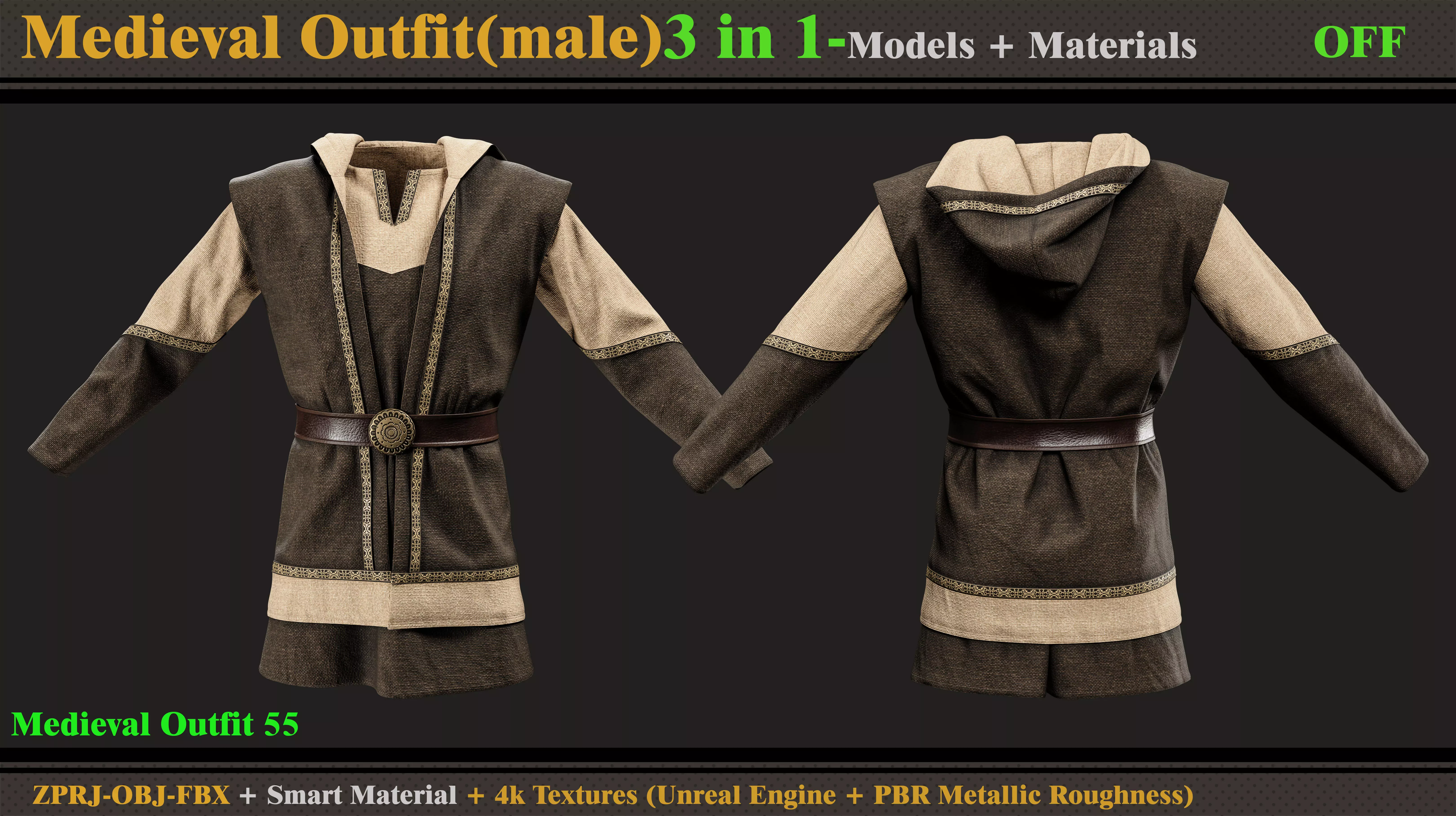 3 in 1 Medieval Outfit-MD-Clo3d-OBJ-FBX -Material -Textures 3D model_2