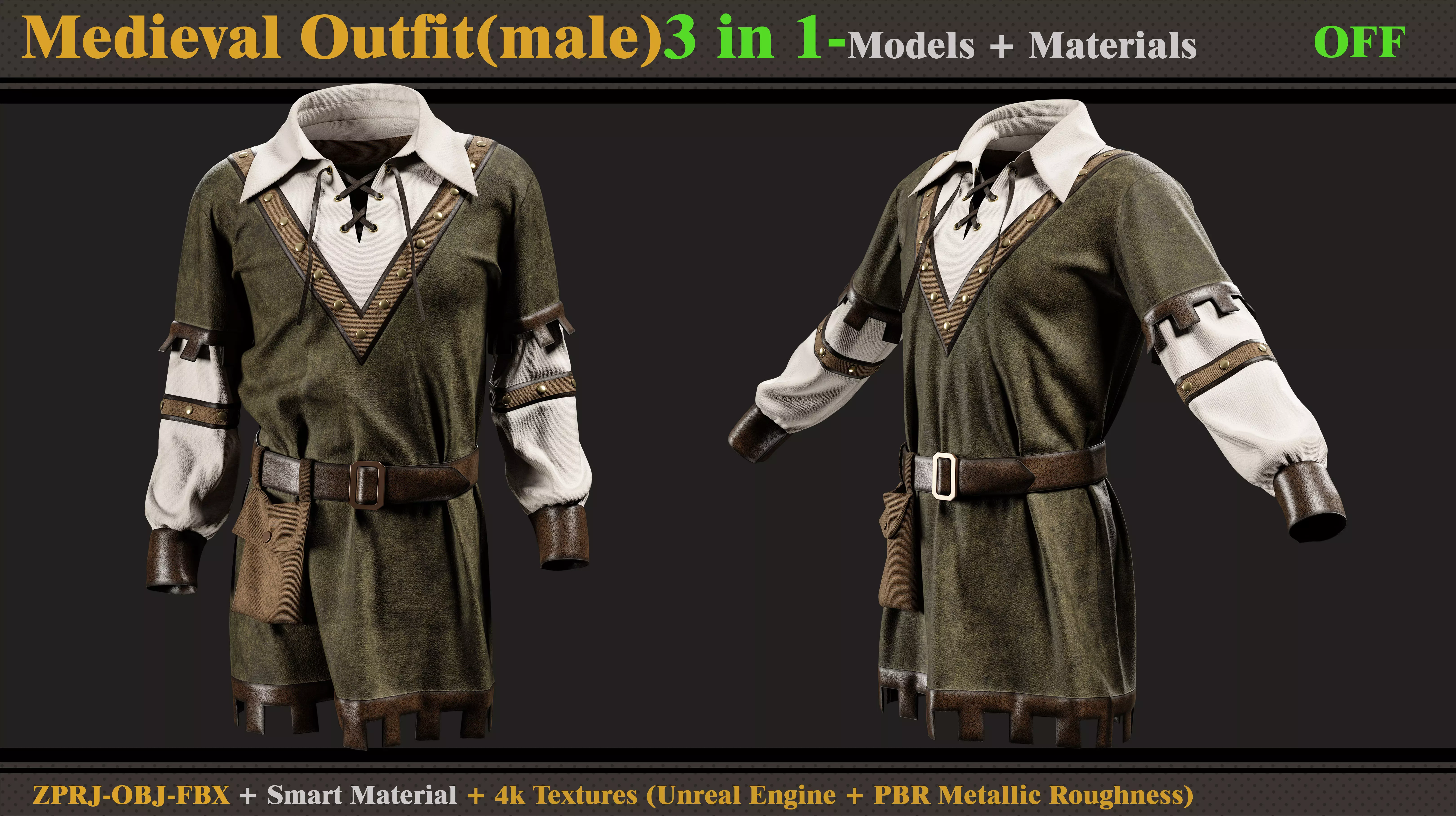 3 in 1 Medieval Outfit-MD-Clo3d-OBJ-FBX -Material -Textures 3D model_7