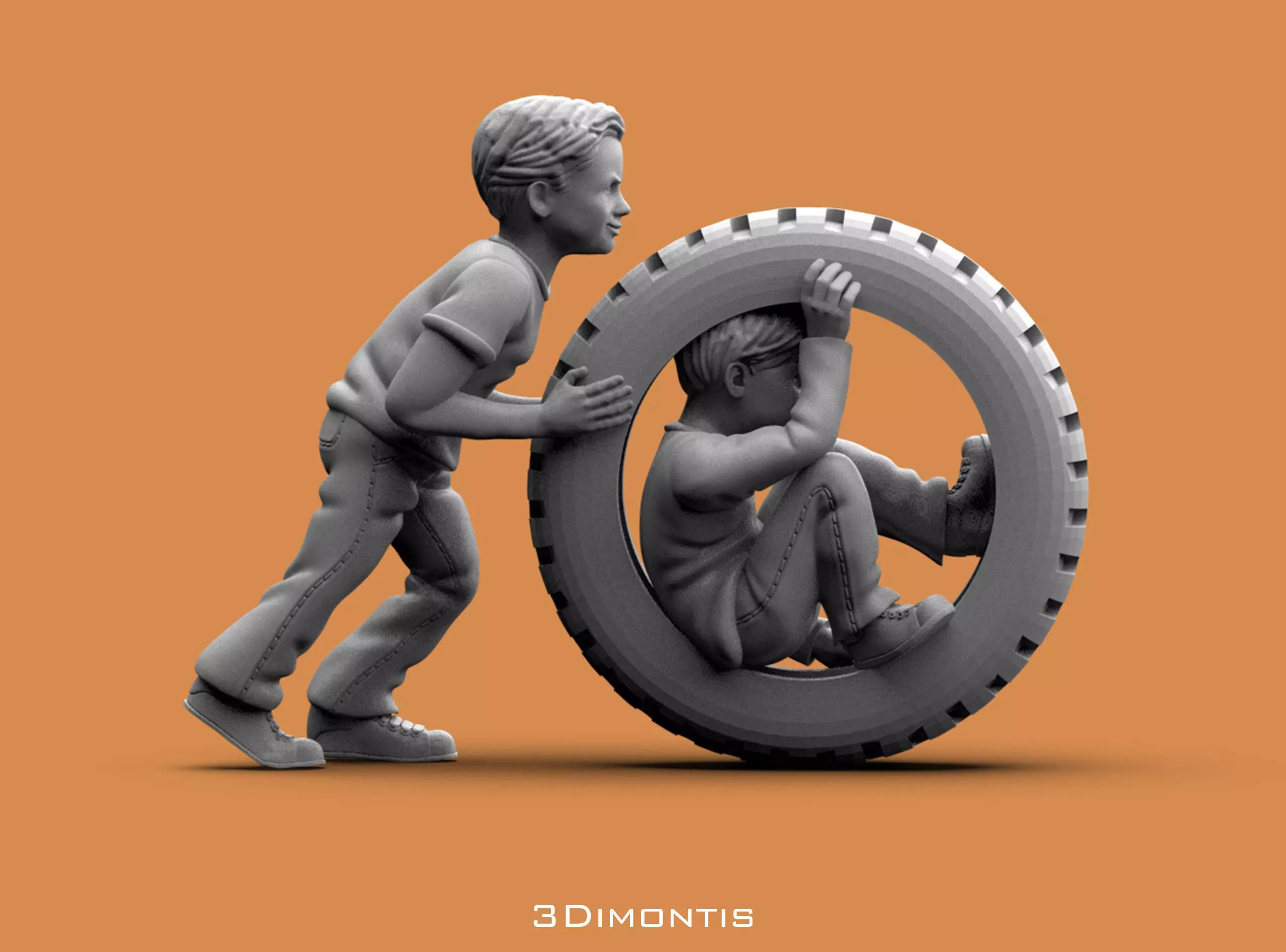 Boys are riding on the tire 3D print model