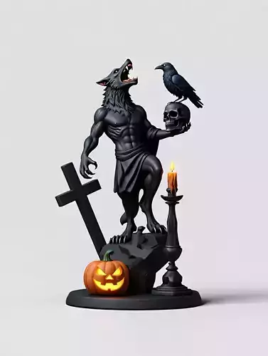 2507 Werewolf Howling with Skull  Gothic 3D Model  magic
