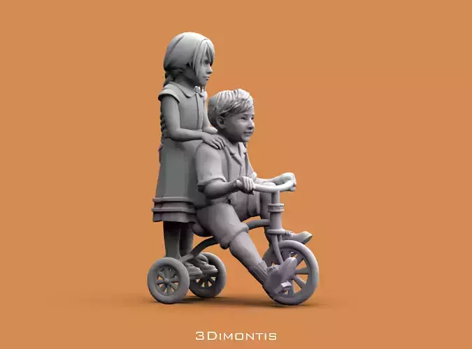 Boy and Girl are riding the bicycle 3D print model