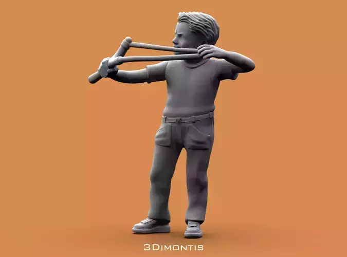 Boy shoots a slingshot