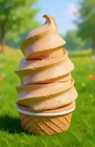 Soft-Serve Ice Cream Golden Swirl Waffle Cone Grass 3D