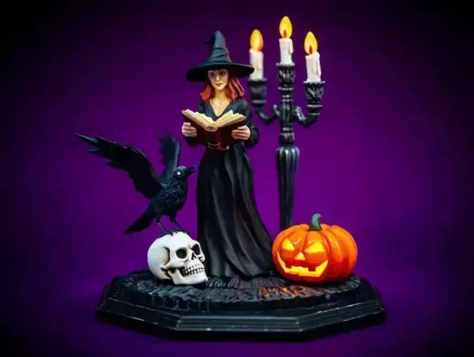 2508Halloween Witch with Spell book  Skull  Raven and Pumpkin