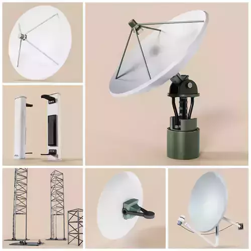 5 different Exterior Telecom Antennas with Modular Telecom Mast 3D Model Collection