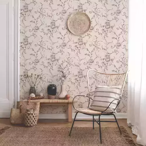 Taupe Floral Scroll Wallpaper 