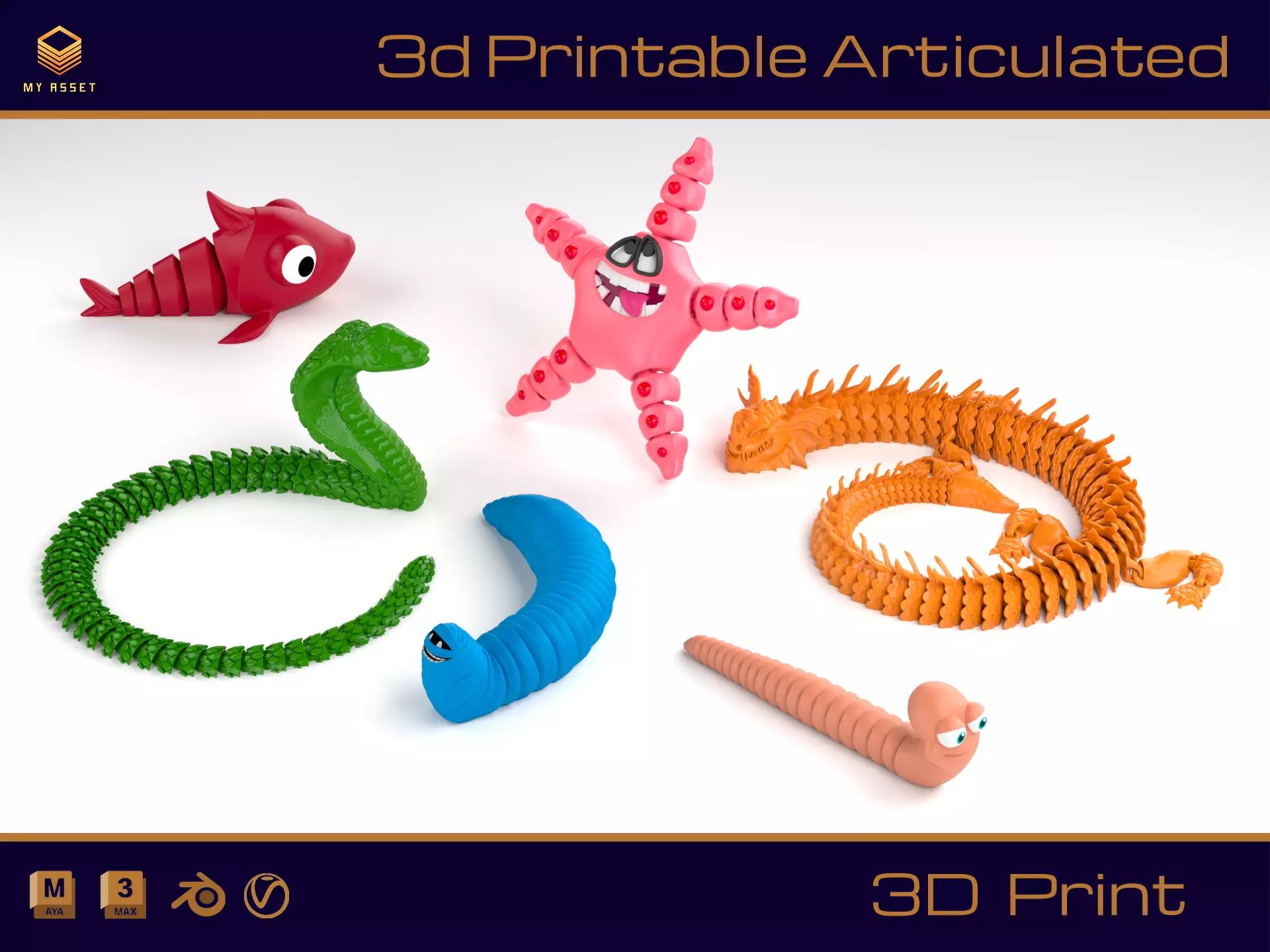 Printable Articulated Animals Set 3D print model_0