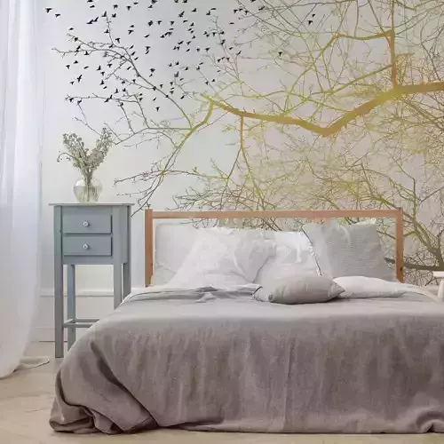 Golden Branches Birds Mural Wallpaper Texture