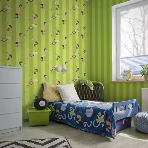 Playful Soccer Kids Striped Wallpaper