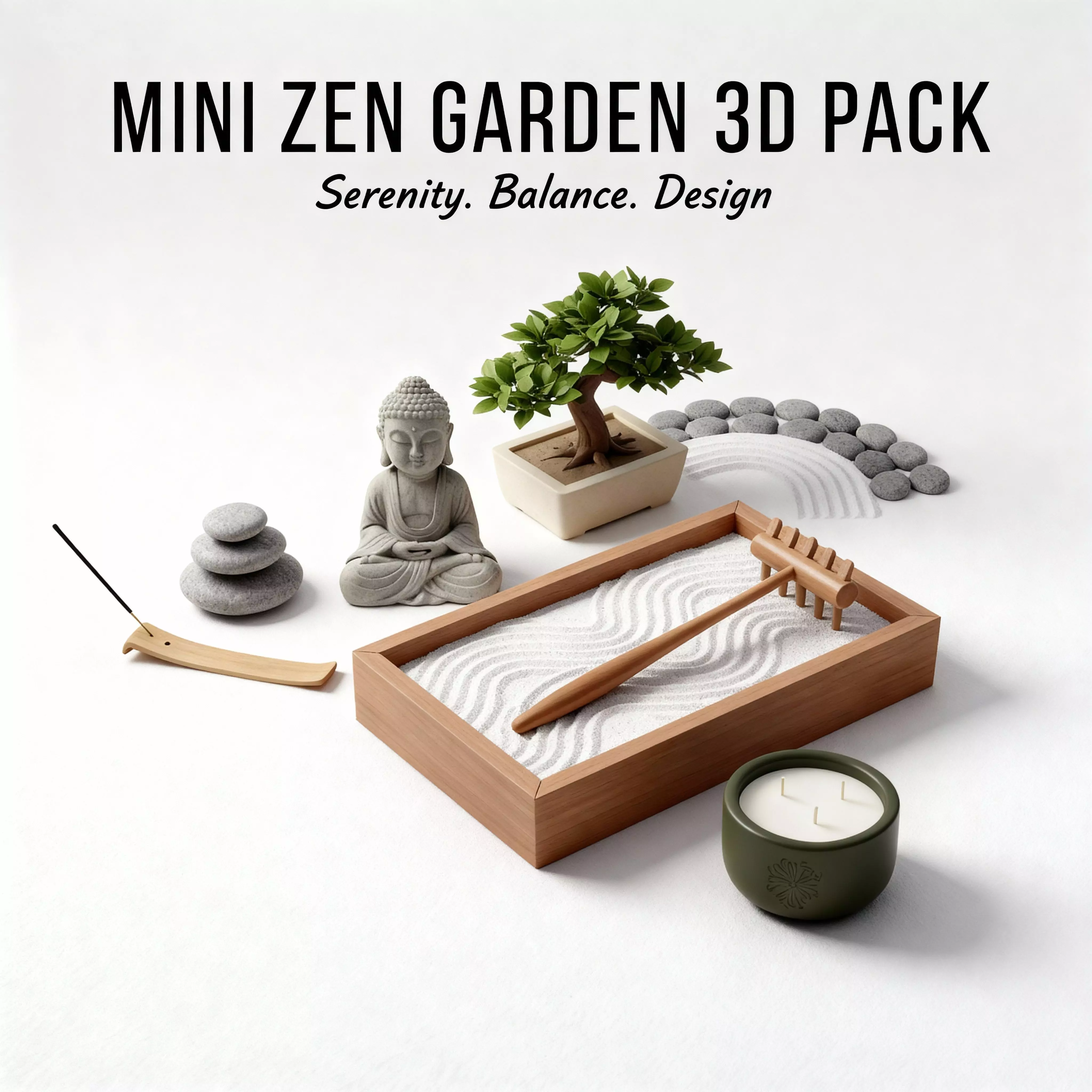 Mini Zen Garden 3D Model Pack  8  Props Low-poly 3D model_0